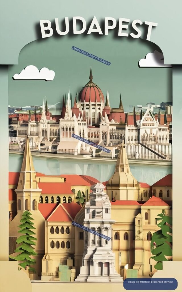 Layered paper-cut illustration of Budapest architecture with the Parliament Building, domes, spires, rooftops, trees, clouds, and a large BUDAPEST title.