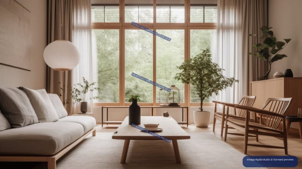Minimalist Japandi living room with a white sofa, low wooden coffee table, lounge chairs, plants, and large sunlit windows.