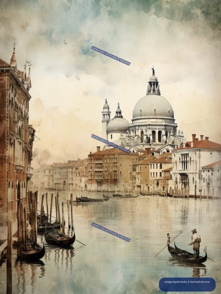 Watercolor-style view of a Venetian canal with gondolas, waterfront buildings, and a large domed basilica.