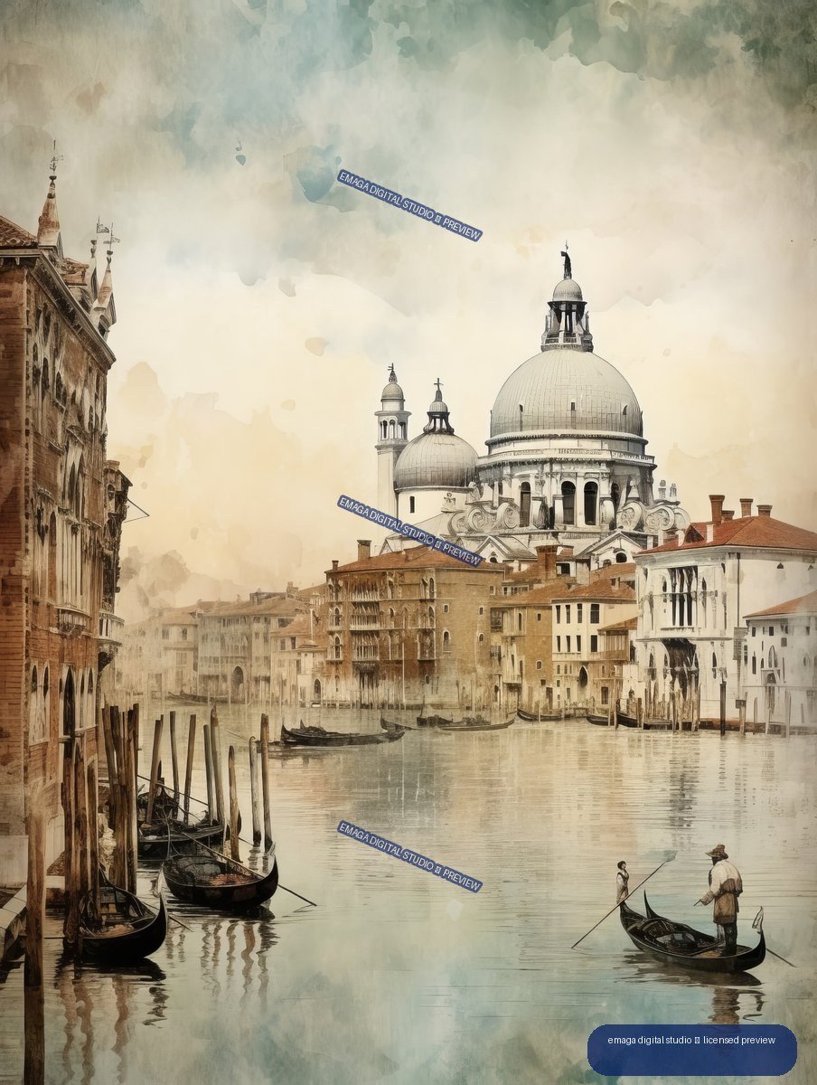 Watercolor-style view of a Venetian canal with gondolas, waterfront buildings, and a large domed basilica.