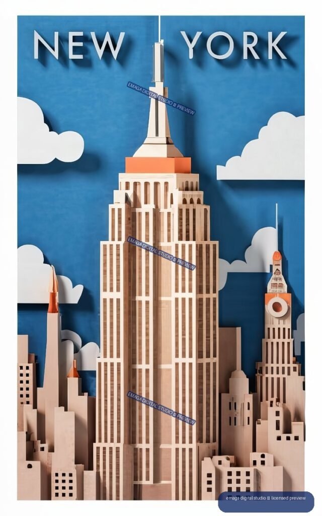 Layered paper-art poster of New York City with the Empire State Building centered beneath white NEW YORK lettering, skyscrapers, clouds, and a blue sky.