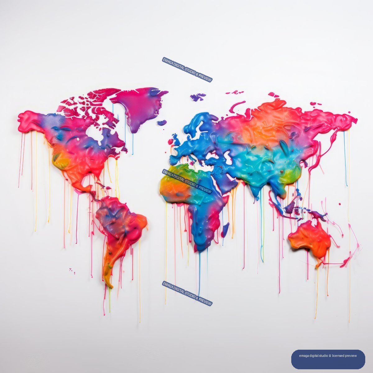 Vivid multicolored abstract world map with glossy paint-like continents and long neon drips.