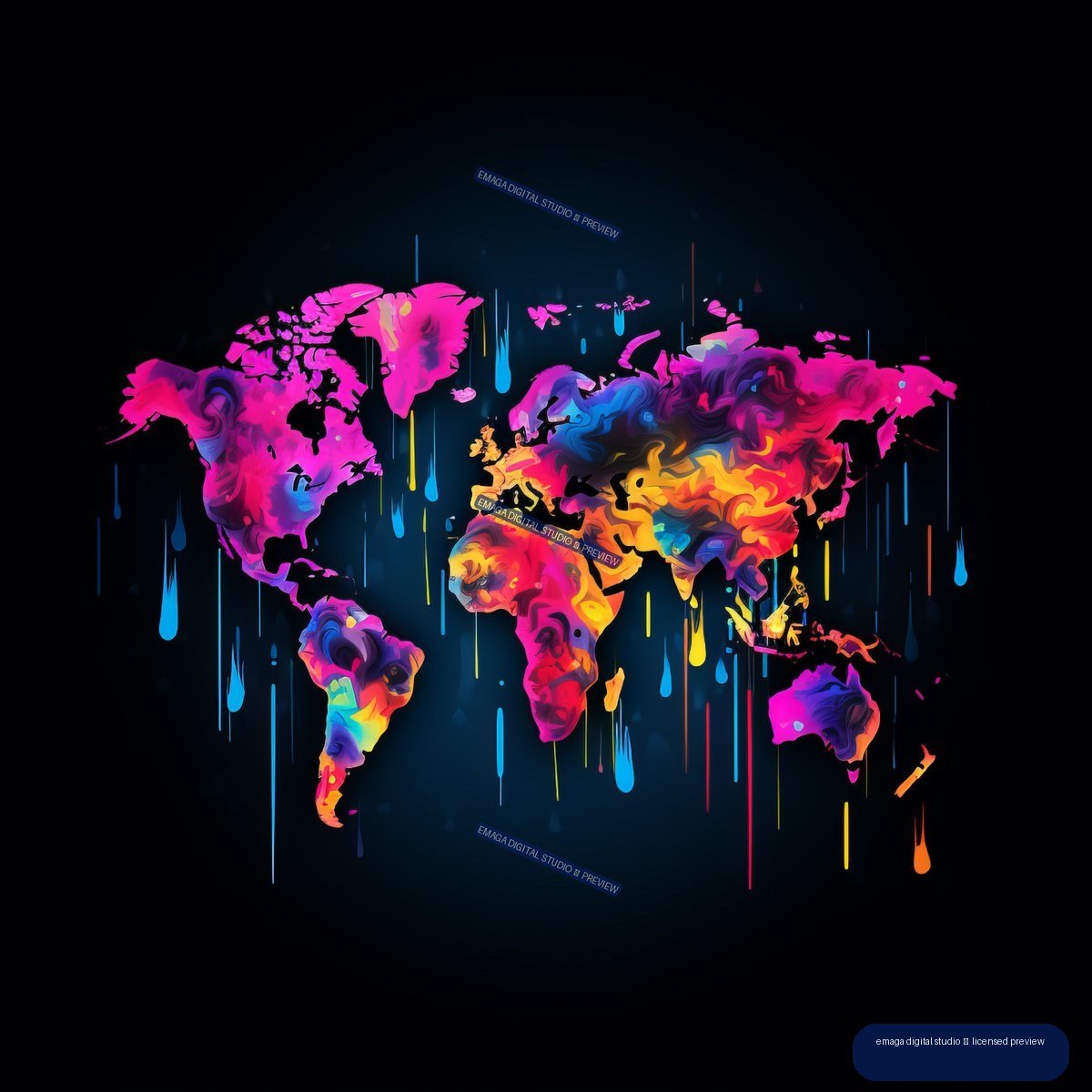 Vivid neon graffiti-style world map with colorful continents and dripping paint against a dark background.