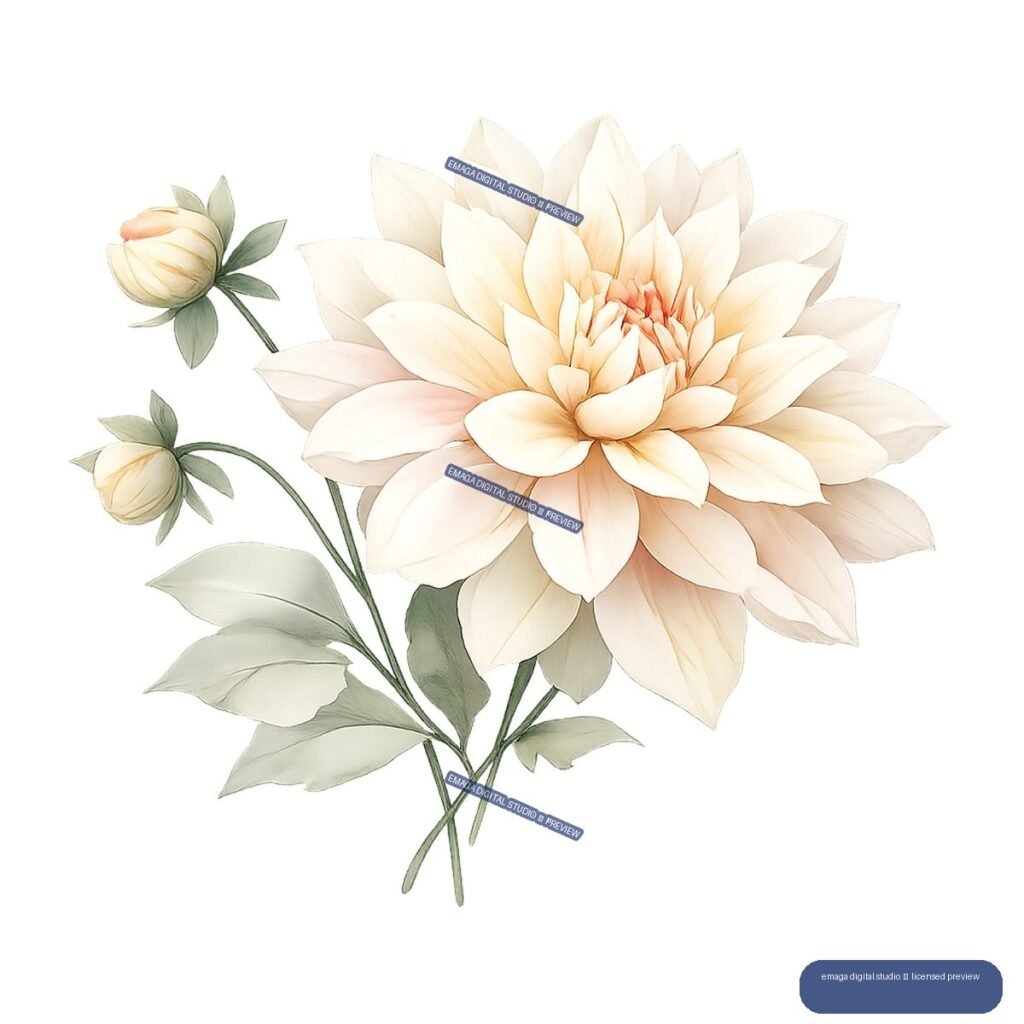 Watercolor illustration of a large cream and peach dahlia with two buds, green stems, and sage leaves.