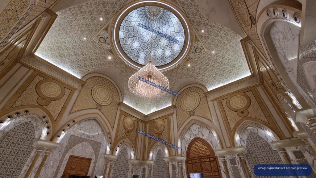 Ornate domed interior with chandelier and geometric decoration