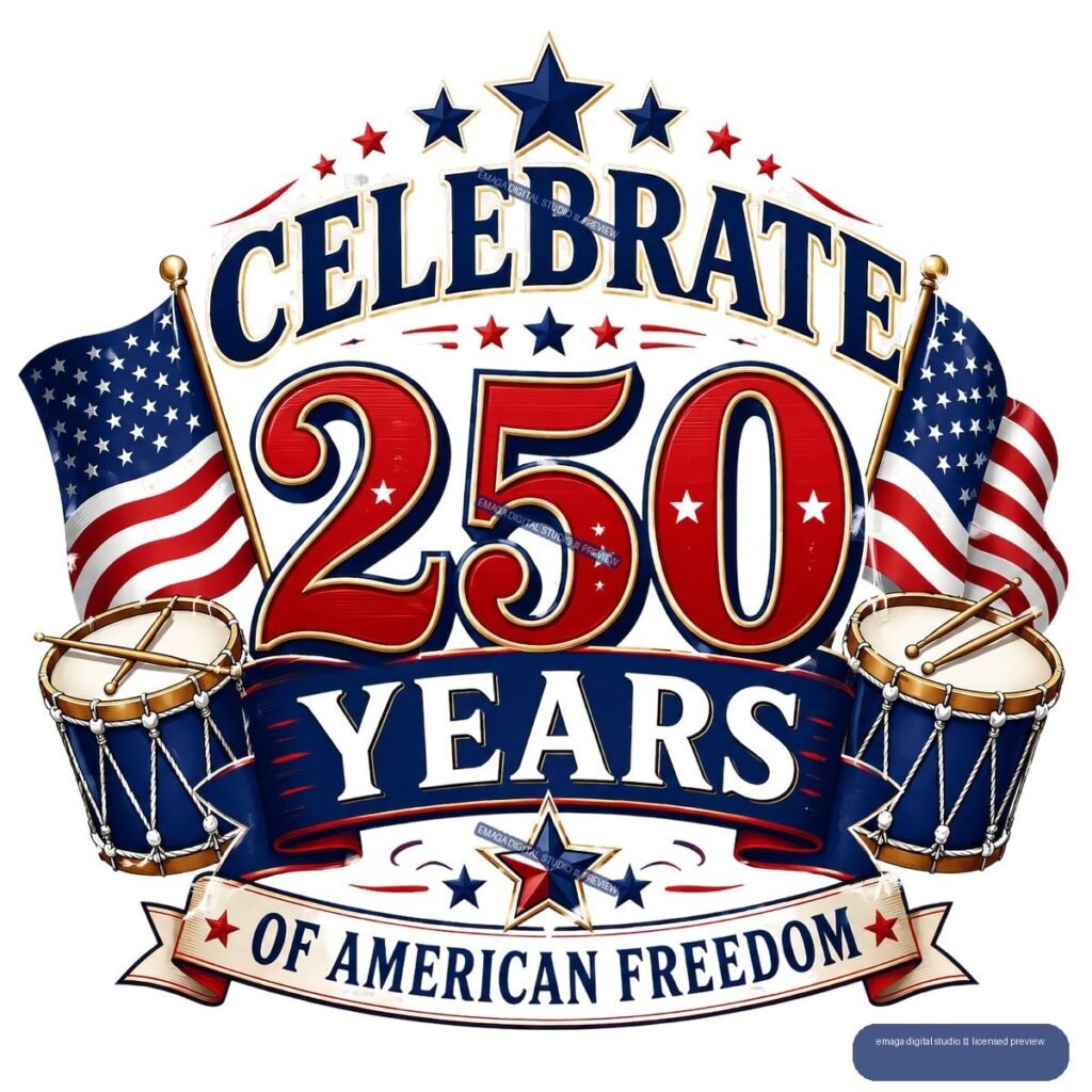 Patriotic red, white, and blue emblem reading Celebrate 250 Years of American Freedom, with stars, American flags, and drums.