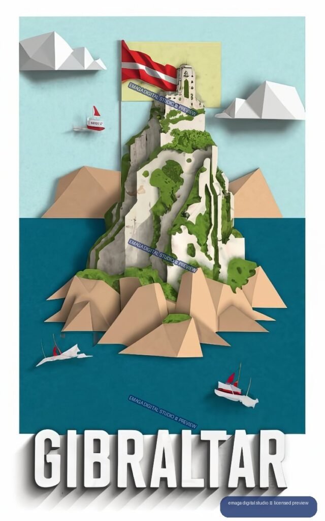 Layered paper-art poster of Gibraltar with a rocky green promontory, flag, tower, boats, clouds, and large GIBRALTAR lettering.