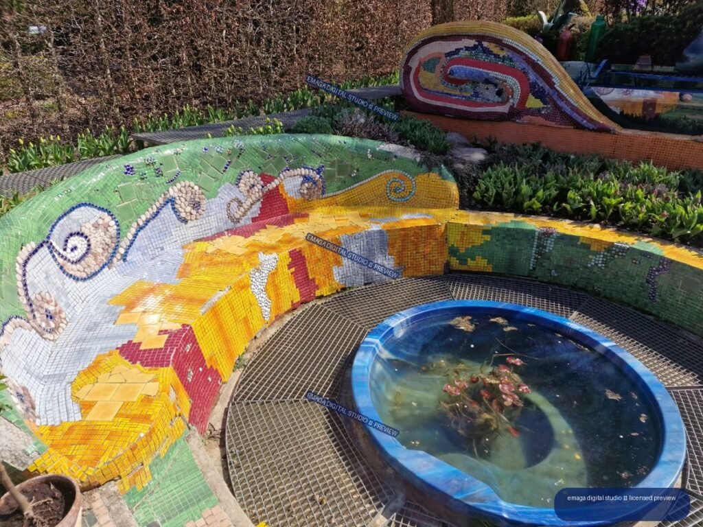 Colorful Mosaic Garden Sculpture and Circular Pond — Hortulus Gardens, Dobrzyca