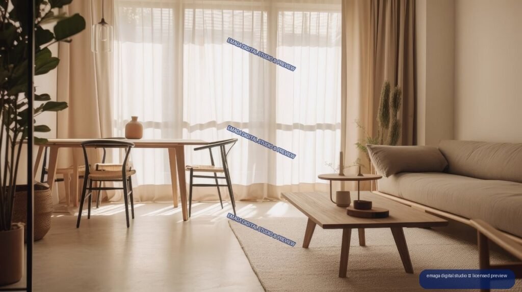 Warm minimalist Japandi living room with a sofa, wooden coffee table, dining table, plants, and sunlit sheer curtains.