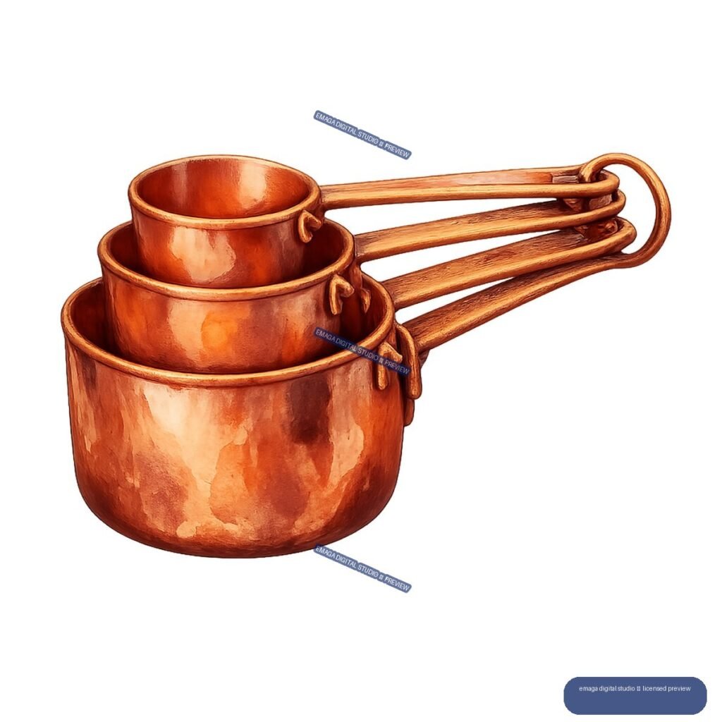 Four nested copper measuring cups with long looped handles extending rightward.