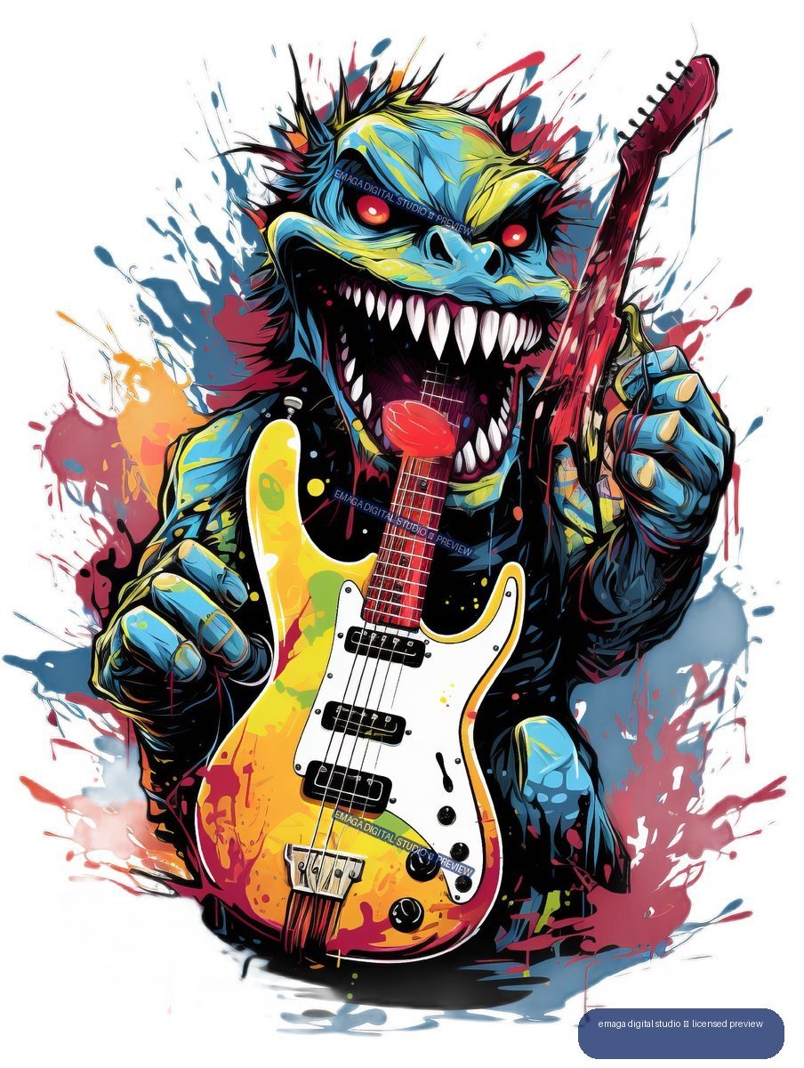 Colorful blue monster with glowing red eyes and sharp teeth holding a yellow electric guitar amid paint splashes.