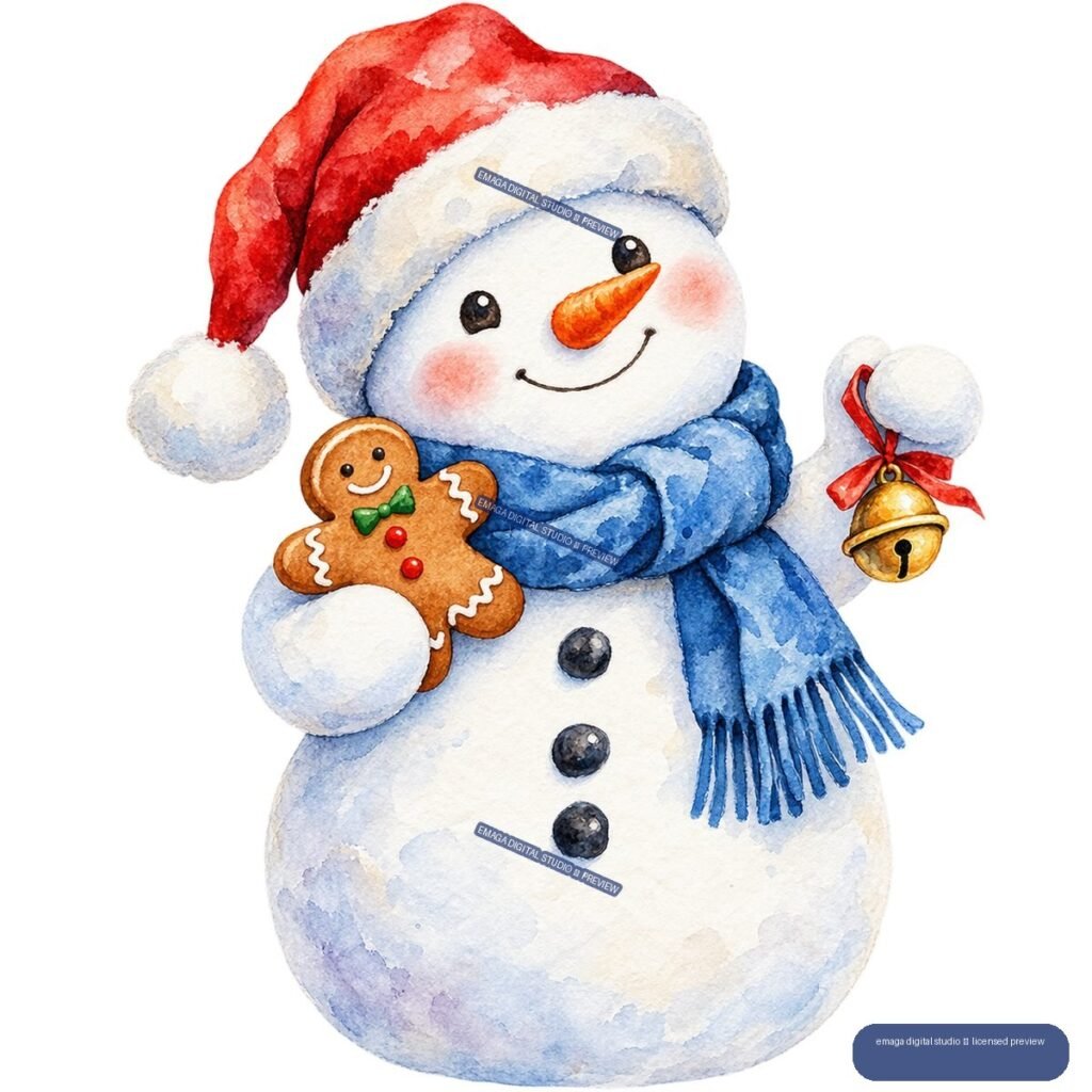 Watercolor snowman wearing a Santa hat and blue scarf, holding a gingerbread cookie beside a red-ribboned gold bell.