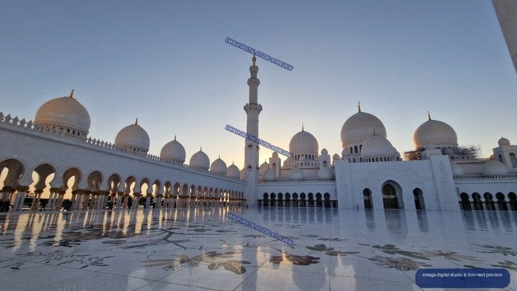 White mosque courtyard with domes, minaret, arches and reflections — Sheikh Zayed Grand Mosque, Abu Dhabi