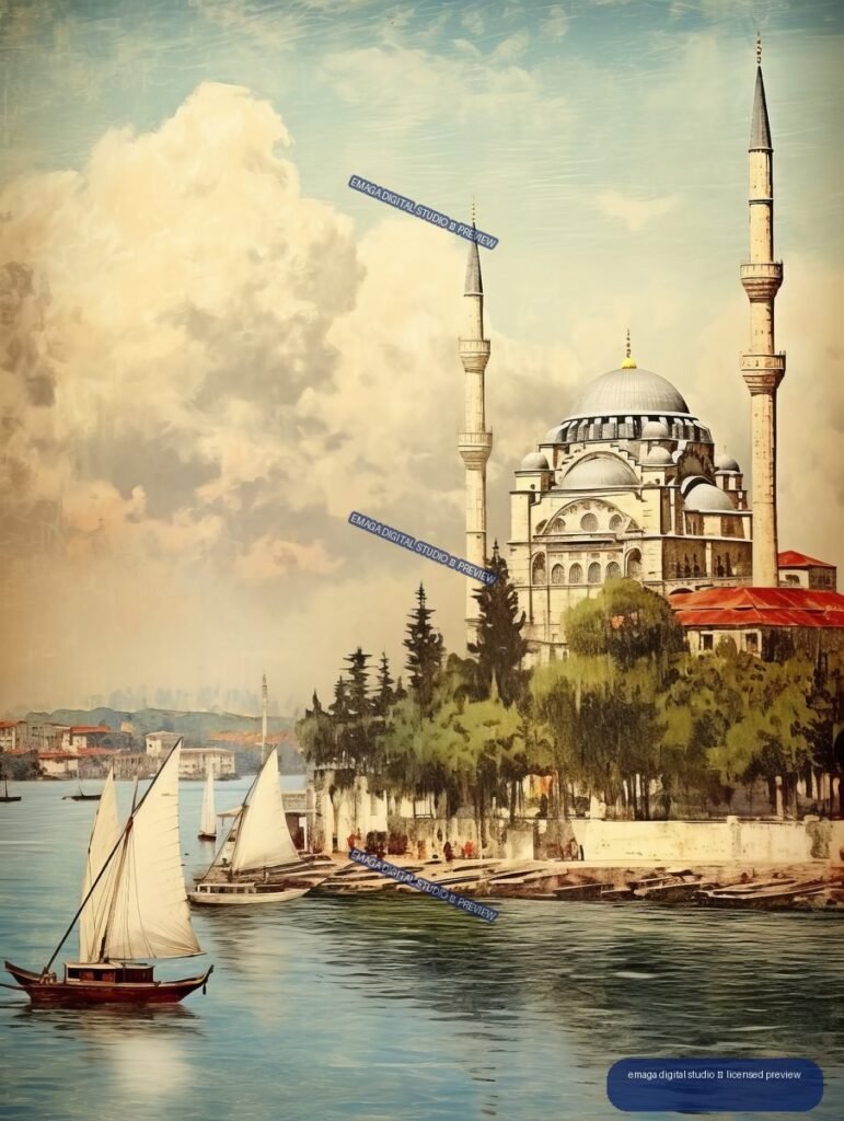 Illustrated Istanbul waterfront with a domed mosque, tall minarets, trees, and sailboats on the water beneath a cloudy sky.