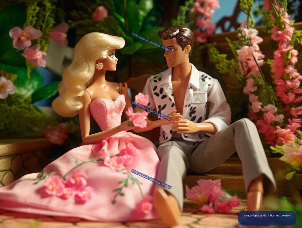 Two fashion dolls sit together among pink flowers and greenery in a warmly lit garden scene.