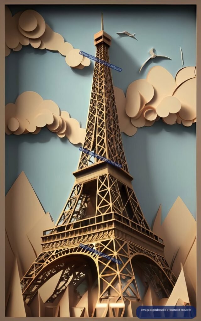 Stylized low-angle view of the Eiffel Tower framed by layered clouds and birds against a blue-gray sky.