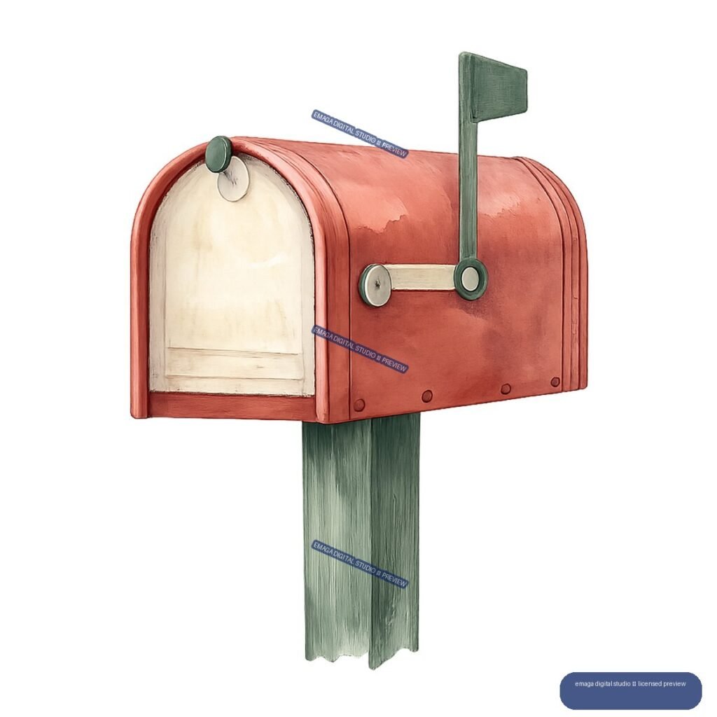 Illustrated red rural mailbox on a green wooden post with its flag raised.