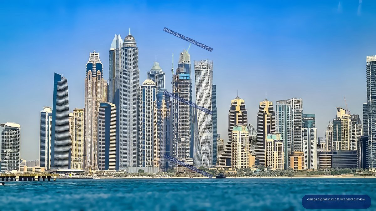 Dubai skyline of densely packed skyscrapers seen across blue water beneath a clear sky.
