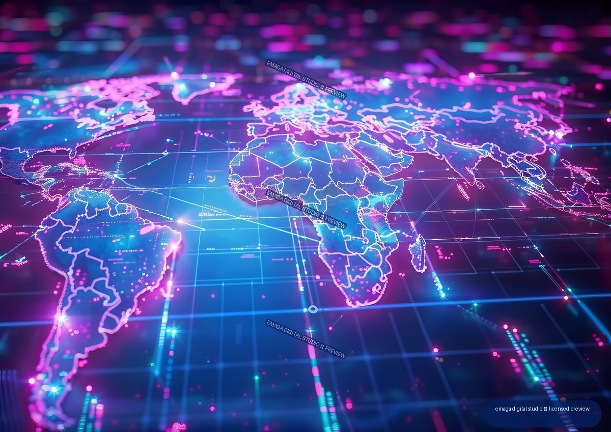 Neon cyan and magenta holographic world map with glowing country borders on a futuristic digital grid.