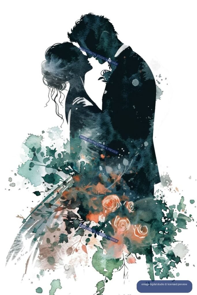 Watercolor illustration of a bride and groom embracing amid teal and coral floral splashes.
