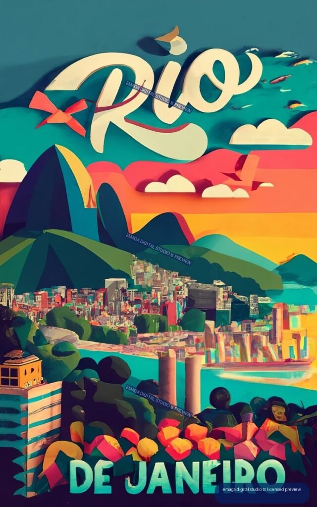 Colorful illustrated Rio de Janeiro poster showing mountains, hillside buildings, water, sunset clouds, birds, and large DE JANEIRO lettering.