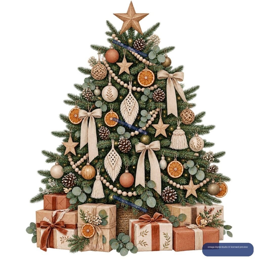 Decorated Christmas tree with wooden star topper, rustic ornaments, dried orange slices, bows, and wrapped gifts beneath it.