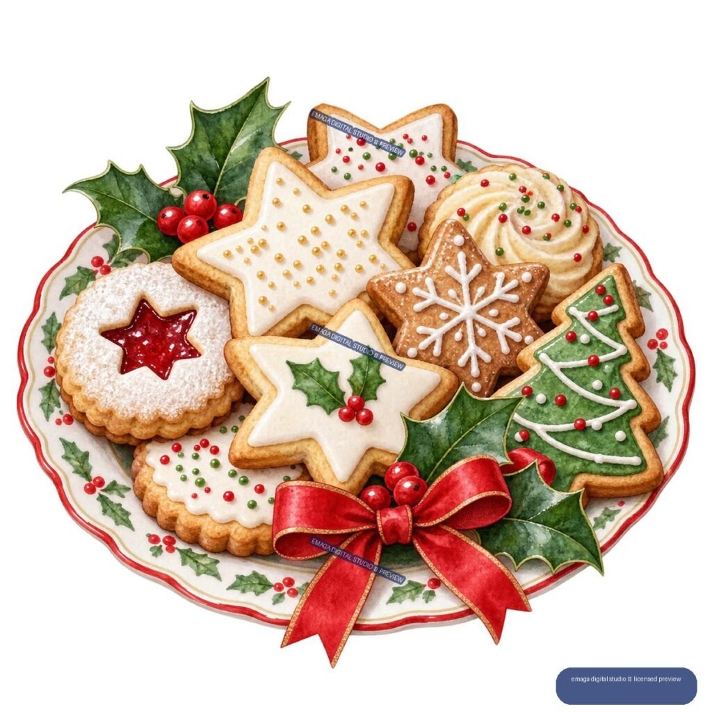 Watercolor illustration of assorted decorated Christmas cookies on a platter with holly, berries, and a red bow