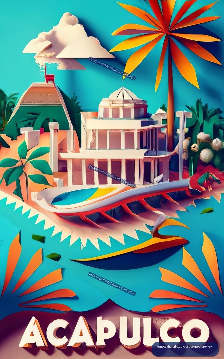 Colorful vintage-style Acapulco poster with a tropical resort, boat, palm tree, cloud, and large ACAPULCO lettering.