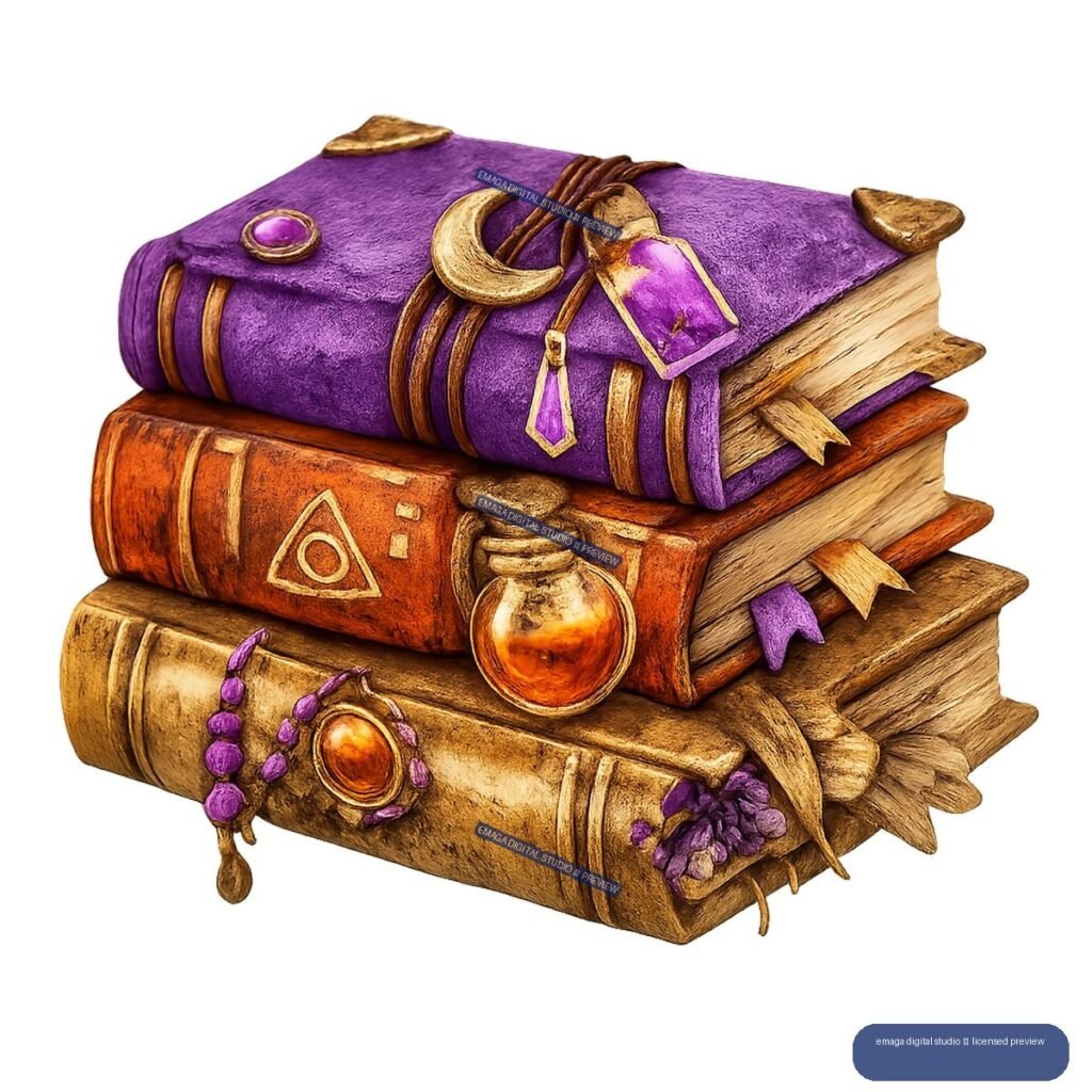 Three ornate purple, orange, and ochre magical books stacked together, with a crescent charm, potion bottle, tassels, beads, and decorative symbols.