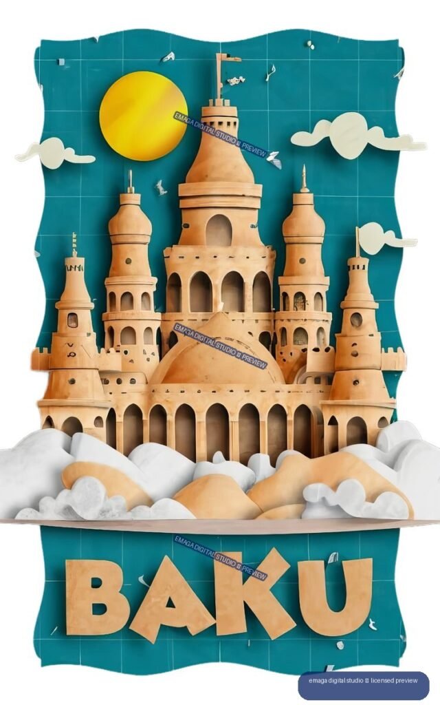 Layered paper-cut illustration of a sandy architectural landmark labeled BAKU beneath a yellow sun and clouds on a teal background.