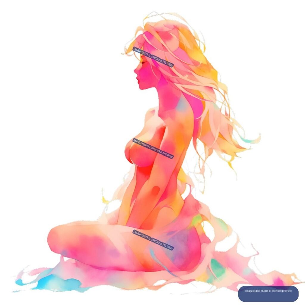 Vivid watercolor-style seated nude feminine figure in left-facing profile, with flowing multicolored hair and abstract color washes beneath the body.