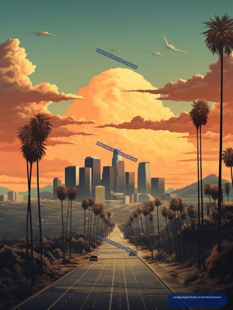 Stylized sunset view of Los Angeles skyscrapers beyond a palm-lined boulevard, with dramatic clouds and birds in the sky.