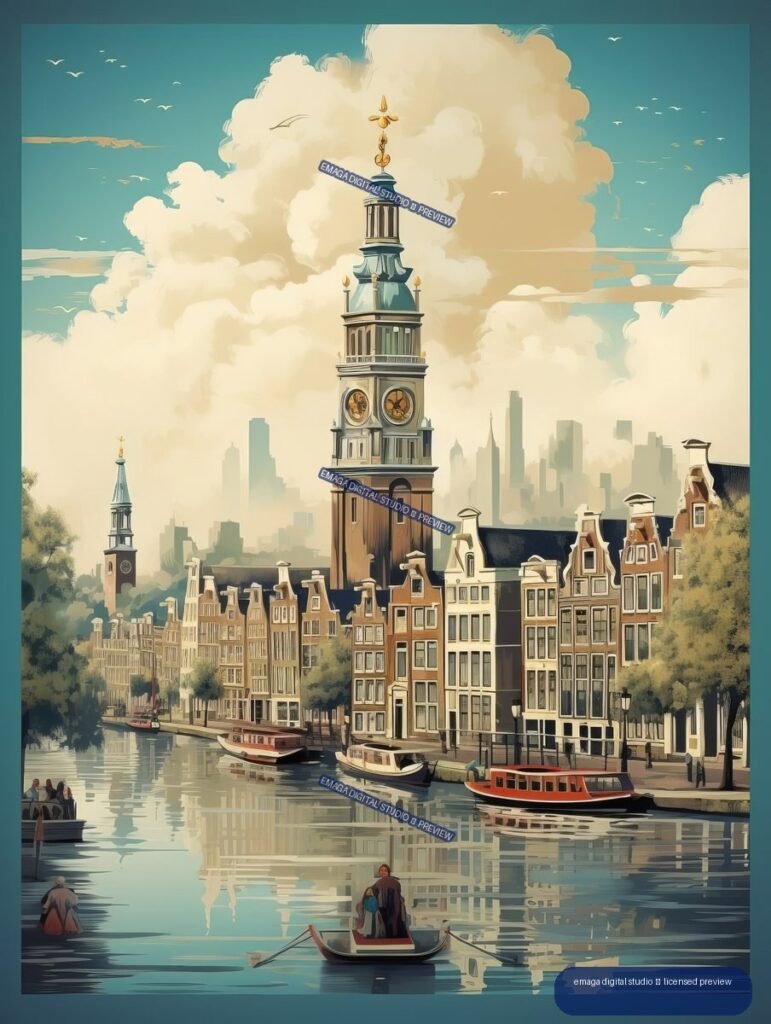 Stylized Amsterdam canal scene with narrow gabled houses, boats, reflections, and a tall ornate clock tower beneath clouds.