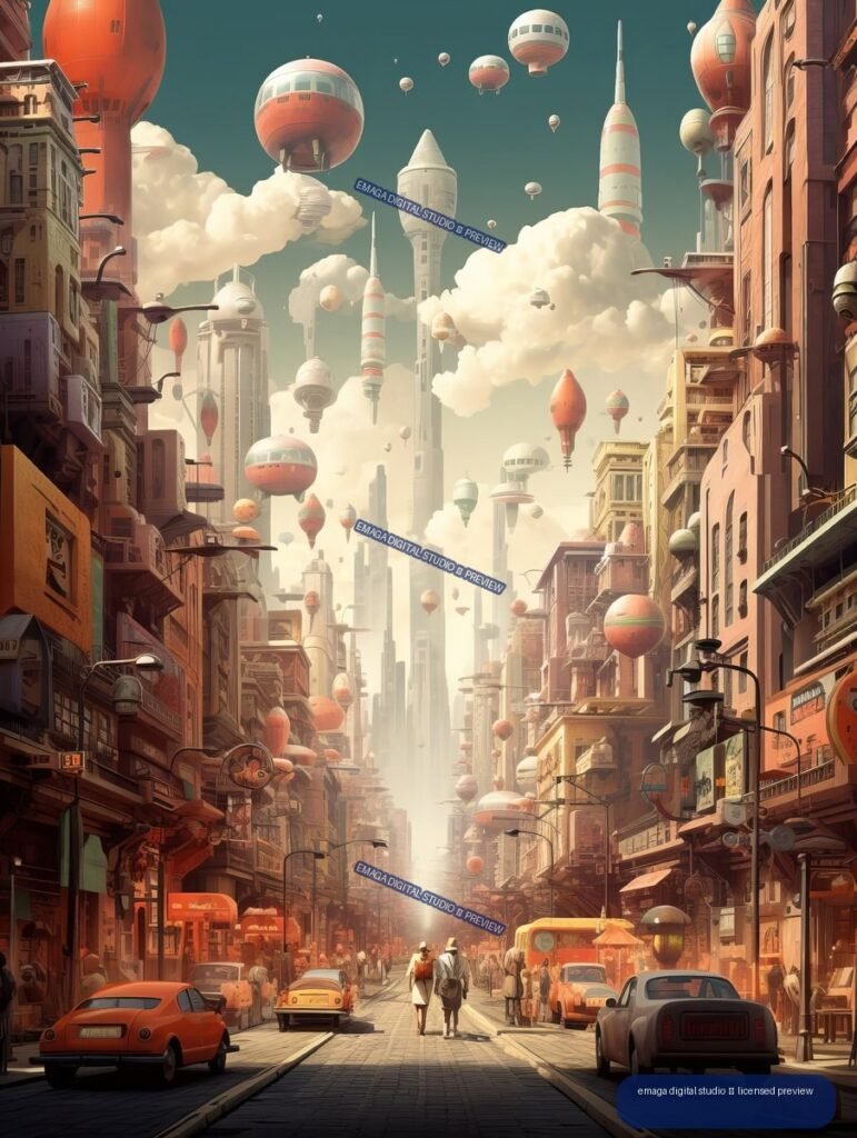 Futuristic city street with pedestrians, cars, dense buildings, distant towers, clouds, and many floating airships.