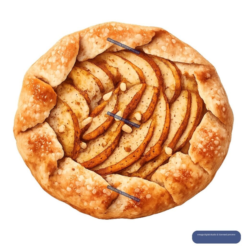 Top-down illustration of a rustic pear galette with folded golden pastry, pear slices, and almond pieces.