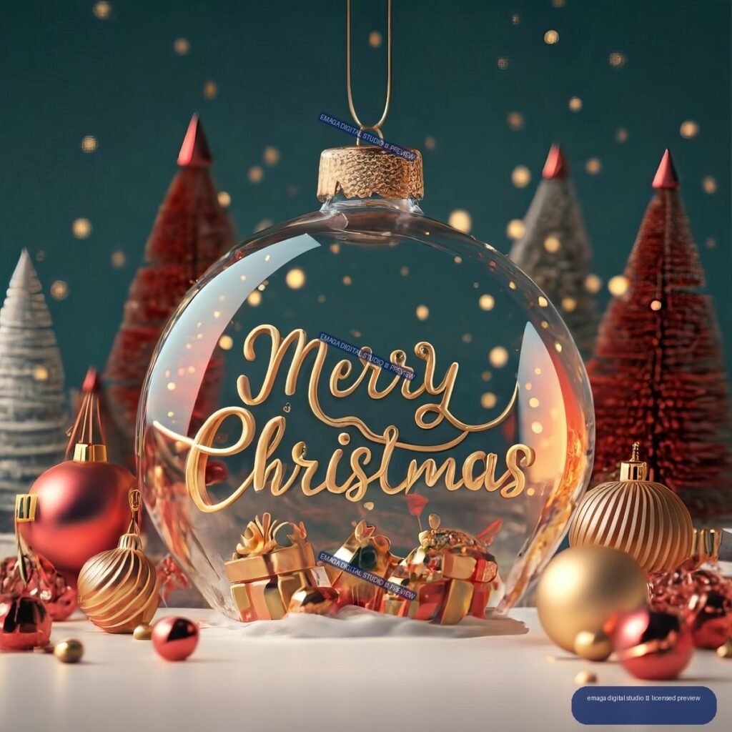 Clear glass Christmas bauble reading “Merry Christmas,” surrounded by ornaments, presents, trees, and warm lights.