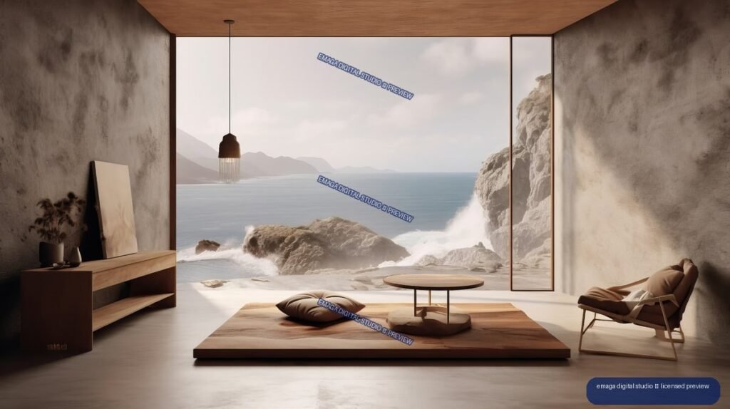 Minimalist wood-toned living room with a low platform and lounge chair overlooking rocky cliffs, ocean, and distant mountains through large windows.