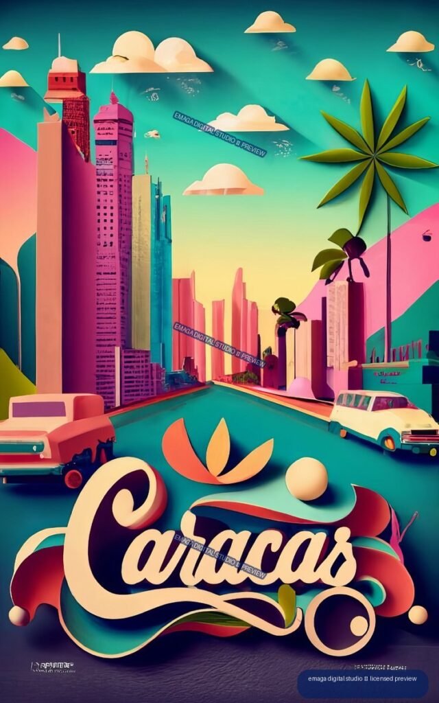 Colorful retro poster of Chicago with a stylized skyline, avenue, classic cars, palm-like plants, clouds, and large decorative Chicago lettering.