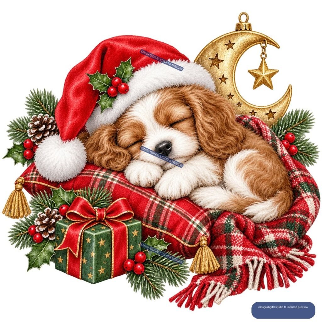 Sleeping brown-and-white puppy in a Santa hat on a plaid blanket, surrounded by holly, evergreen branches, a wrapped gift, pinecones, and a crescent moon ornament.