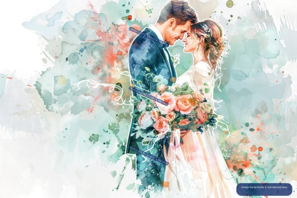 Watercolor illustration of a bride and groom embracing beside a large colorful floral bouquet.