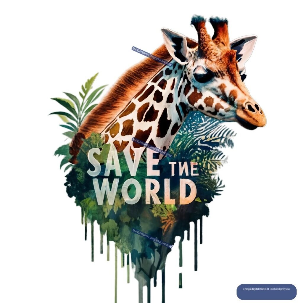 Illustrated giraffe surrounded by foliage and zebra textures, with the words “SAVE THE WORLD” in large lettering and paint-like drips below.