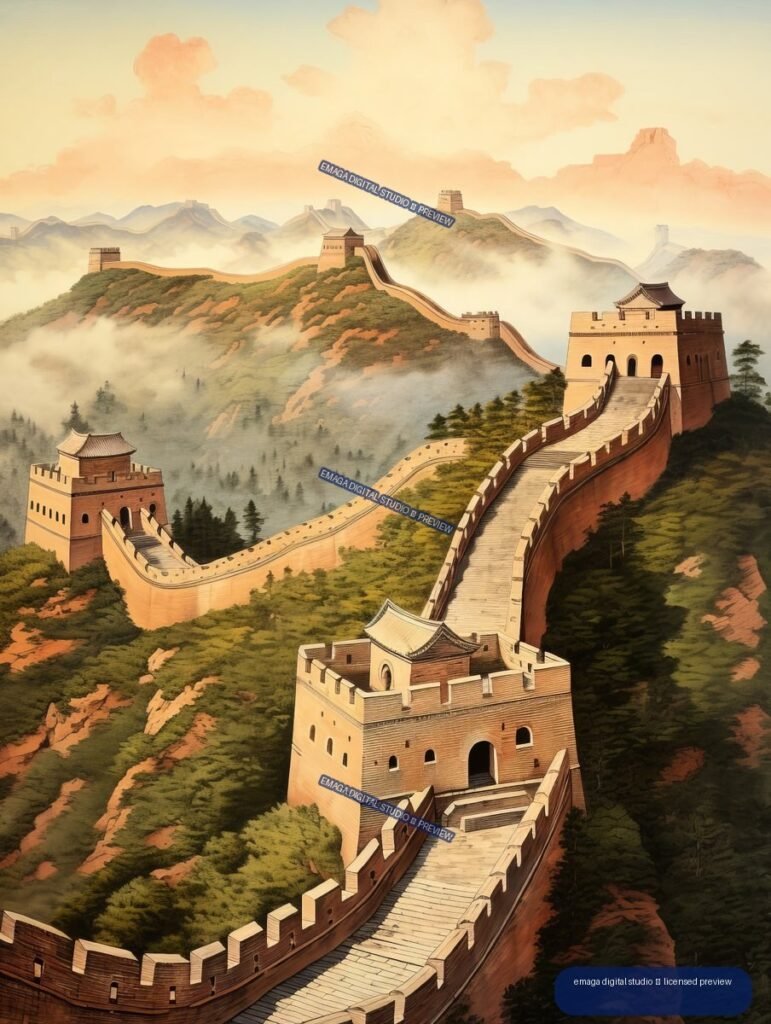 Illustrated Great Wall of China winding through misty, forested mountains beneath peach-colored clouds.