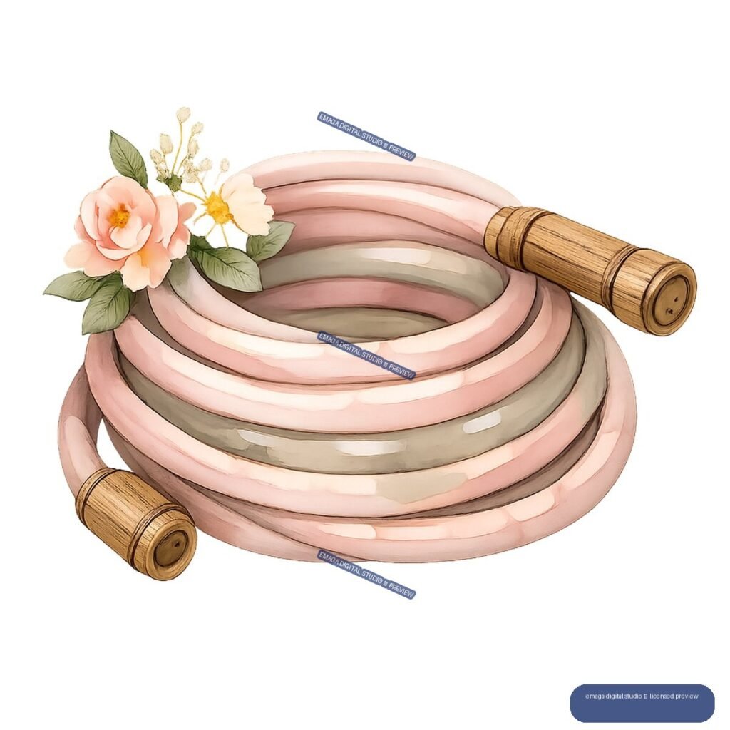 Illustration of a coiled pink and green garden hose with wooden ends and peach and cream flowers with green leaves.