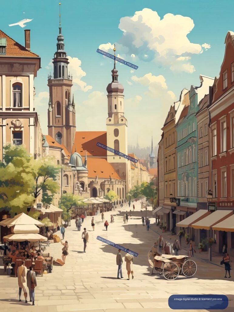 Stylized travel-poster view of a sunny historic European street with church towers, colorful buildings, pedestrians, market stalls, and café umbrellas.
