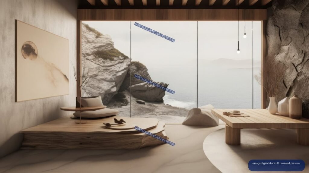 Minimalist Japandi living room with wood furnishings and large windows overlooking a rocky sea cliff.