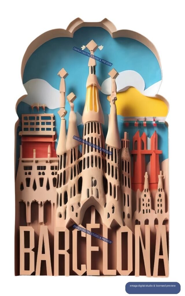 Layered paper-cut artwork of Barcelona with the Sagrada Família, colorful buildings, and large BARCELONA lettering.