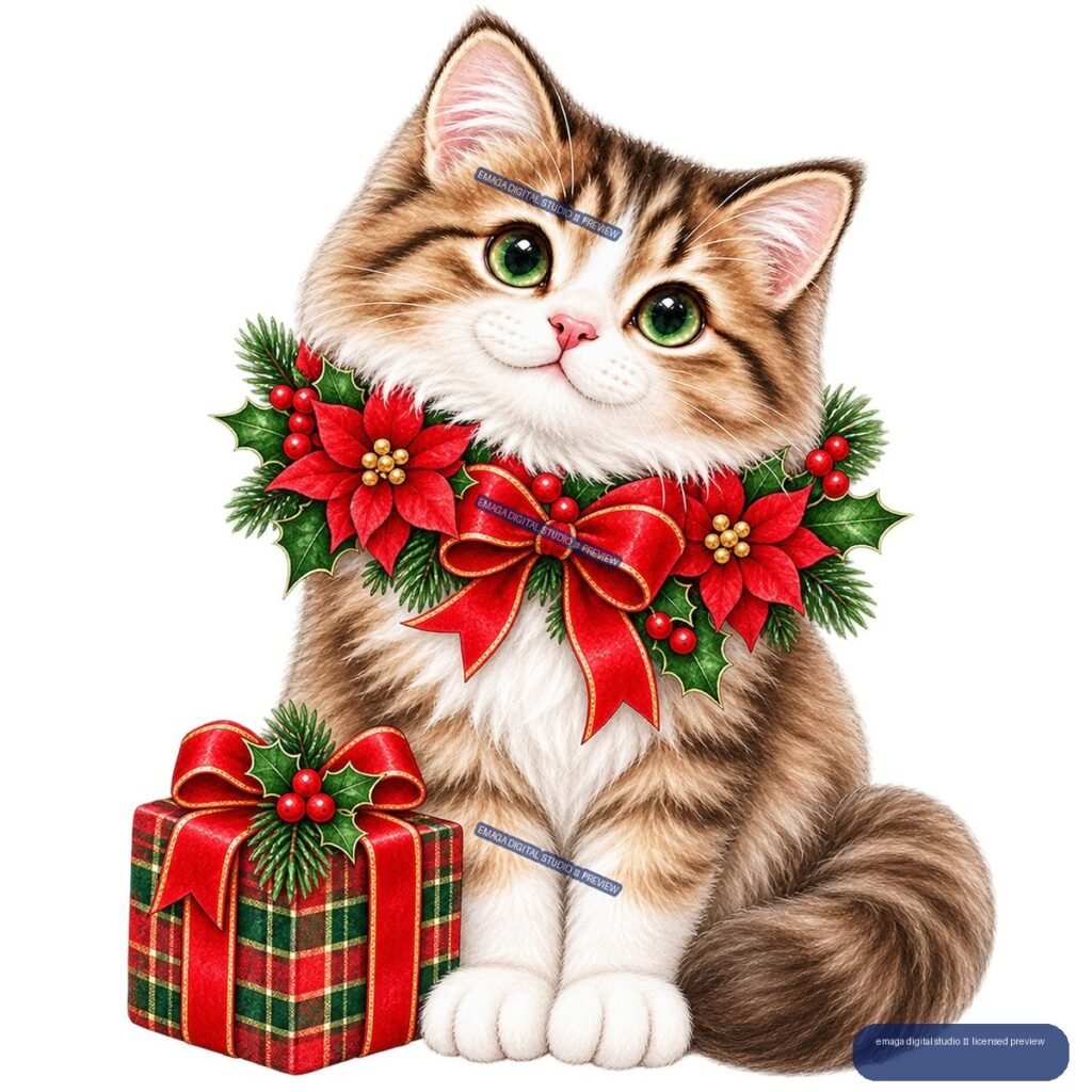 Brown-and-white tabby cat with green eyes wearing a red Christmas bow and holly garland, sitting beside a plaid wrapped gift.