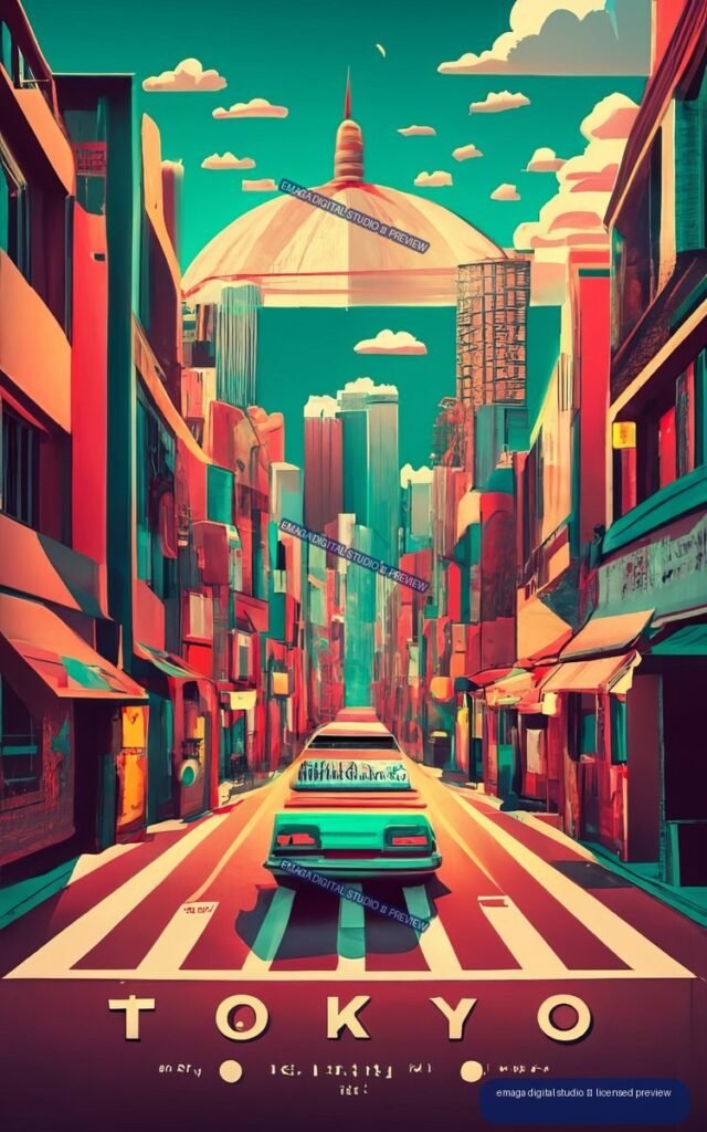 Stylized vintage-modern poster showing a Tokyo street, green taxi, colorful buildings, skyline, domed structure, and large TOKYO lettering.