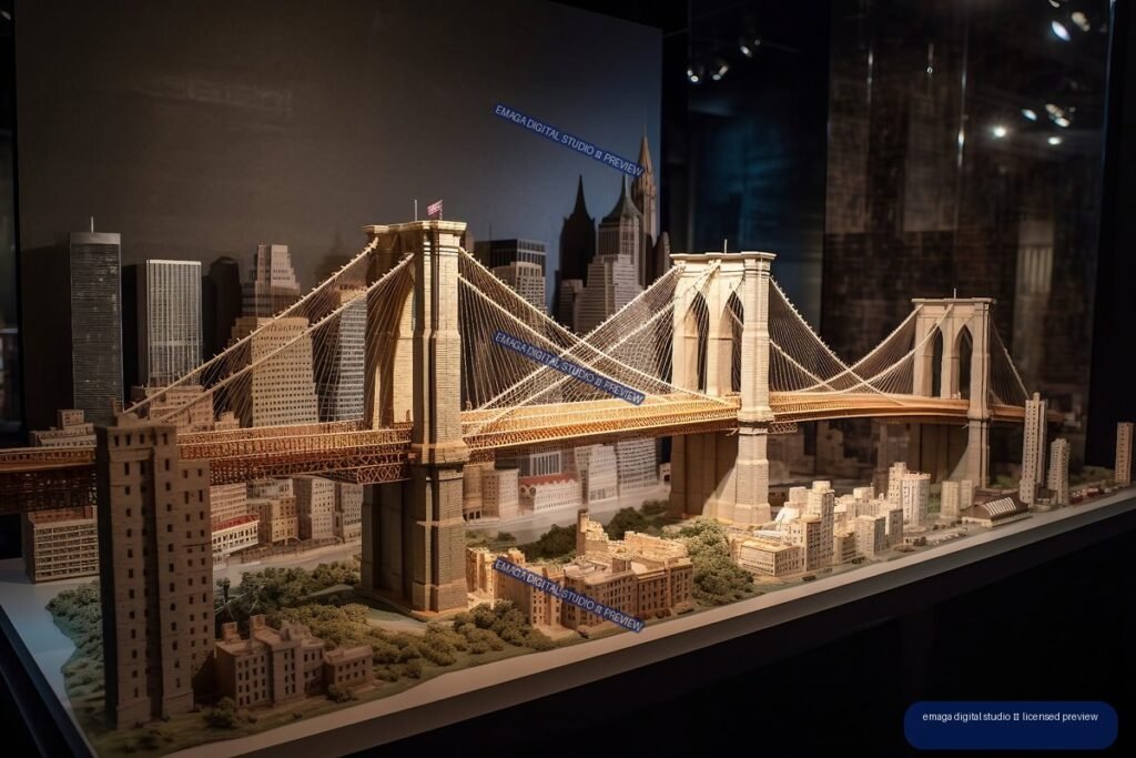 Detailed illuminated model of the Brooklyn Bridge surrounded by miniature Manhattan buildings in a dark museum display.