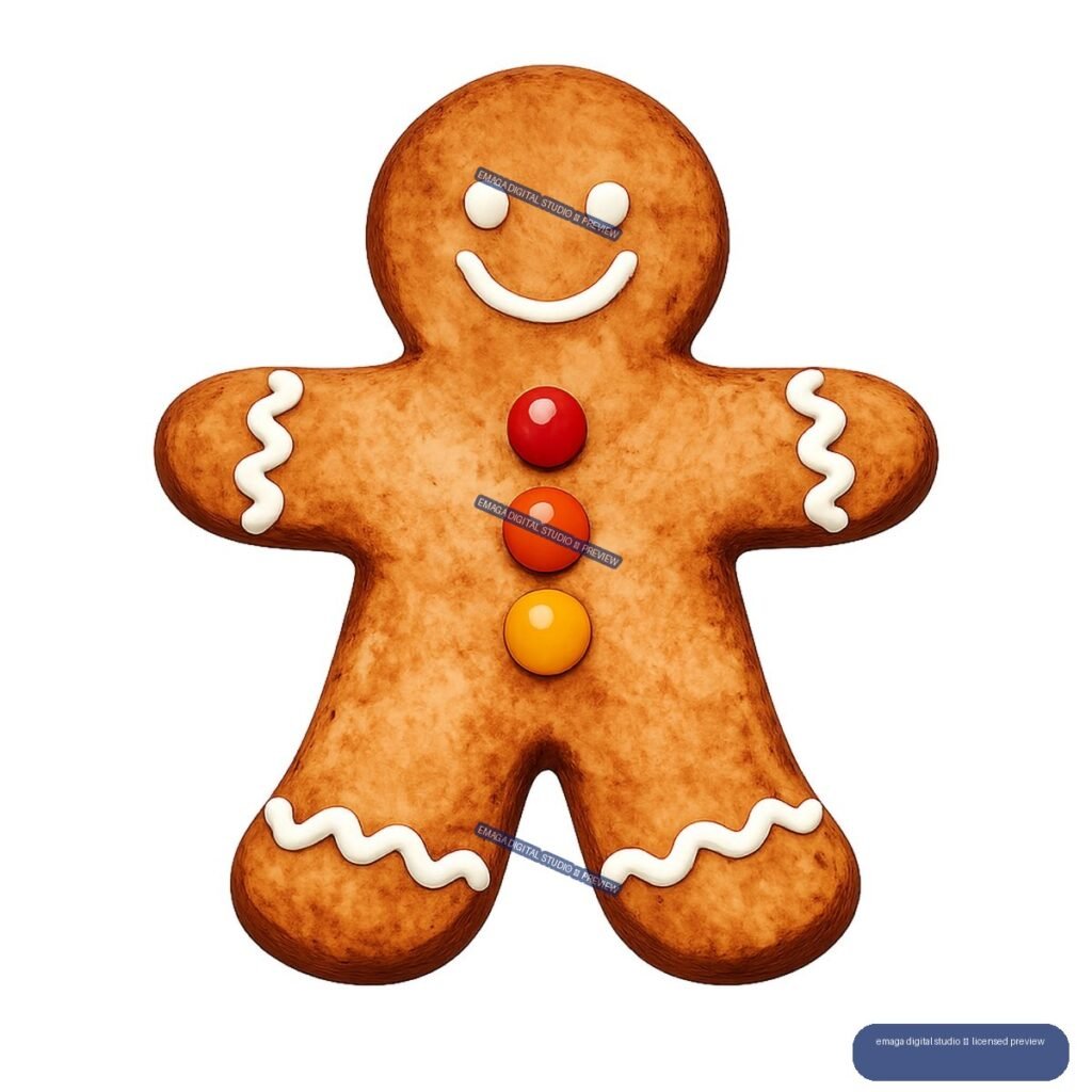 Smiling decorated gingerbread person with white icing trim and three colorful candy buttons.